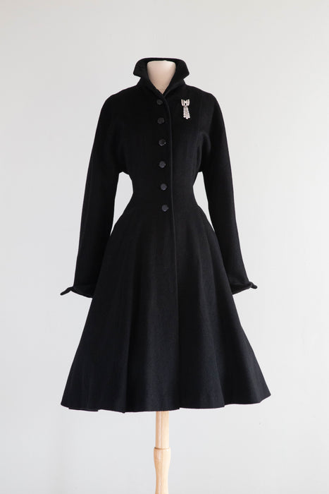 Elegant Late 40's New Look Wool Princess Coat With Wasp Waist & Full Skirt / Medium