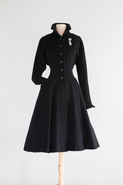 Elegant Late 40's New Look Wool Princess Coat With Wasp Waist & Full Skirt / Medium