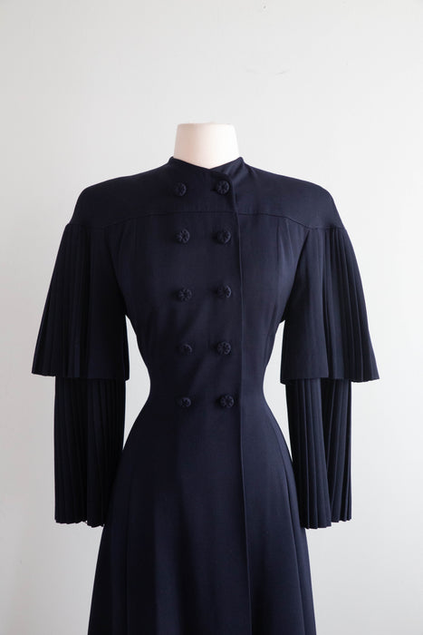 Stunning Late 1940's Navy Blue Pleated Princess Coat in Wool Gabardine / SM