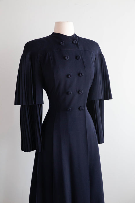 Stunning Late 1940's Navy Blue Pleated Princess Coat in Wool Gabardine / SM