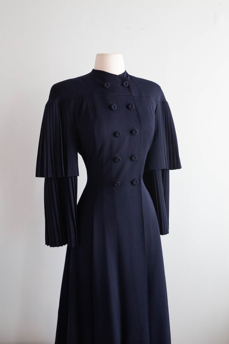 Stunning Late 1940's Navy Blue Pleated Princess Coat in Wool Gabardine / SM