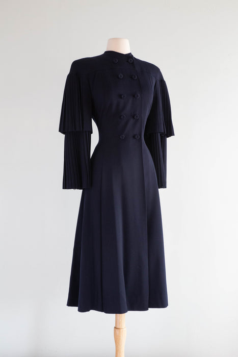 Stunning Late 1940's Navy Blue Pleated Princess Coat in Wool Gabardine / SM