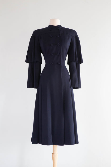 Stunning Late 1940's Navy Blue Pleated Princess Coat in Wool Gabardine / SM