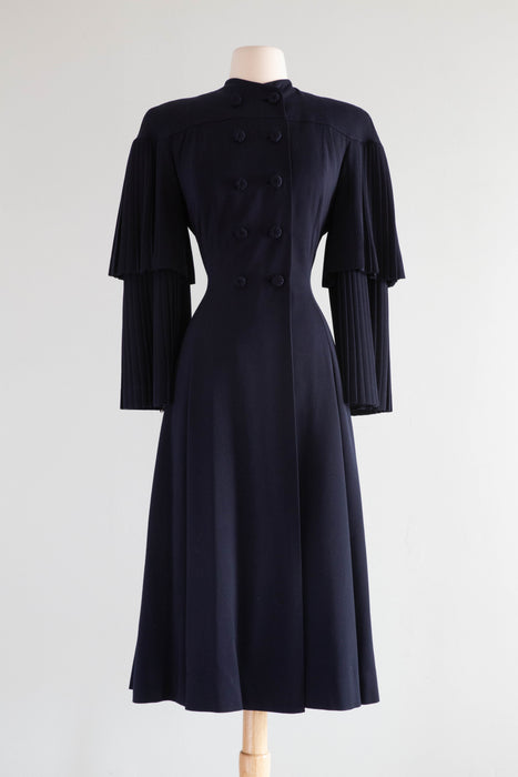 Stunning Late 1940's Navy Blue Pleated Princess Coat in Wool Gabardine / SM