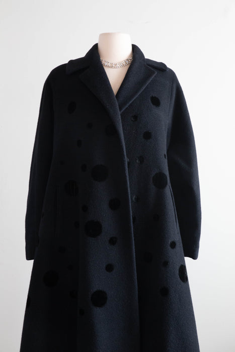 Wonderful 1950's Black Wool Swing Coat With Velvet Polka Dots By Dumas / Medium