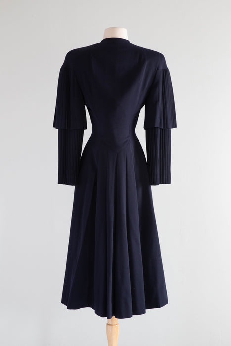 Stunning Late 1940's Navy Blue Pleated Princess Coat in Wool Gabardine / SM