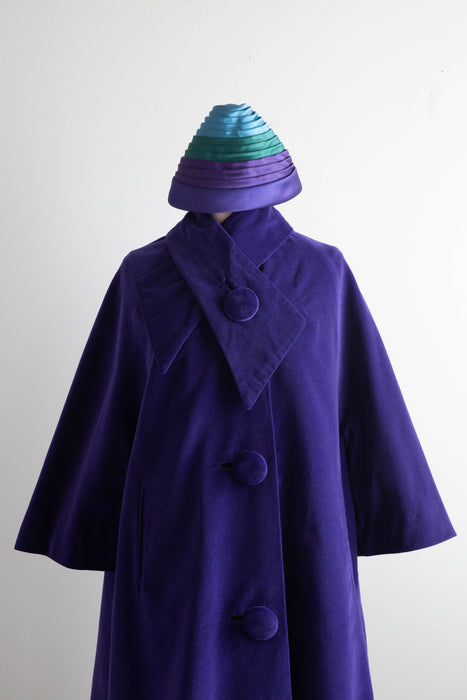 Fabulous Late 1950's Sugar Plum Purple Velvet Swing Coat and Gumdrop Hat  / Medium