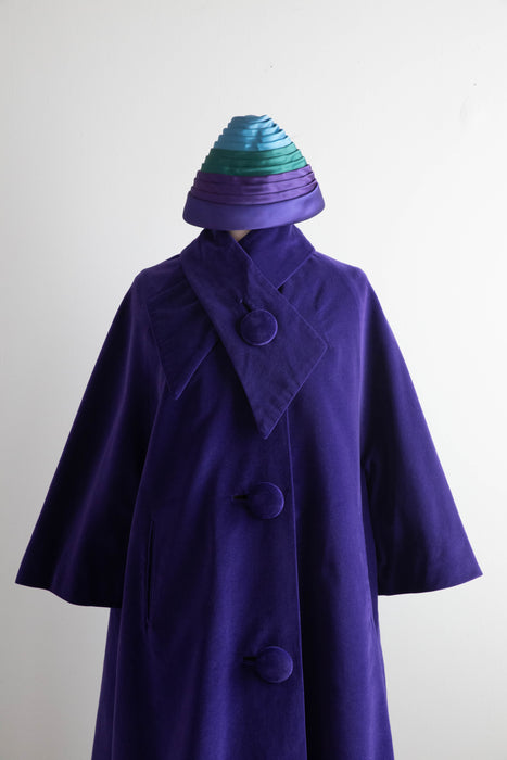 Fabulous Late 1950's Sugar Plum Purple Velvet Swing Coat and Gumdrop Hat  / Medium