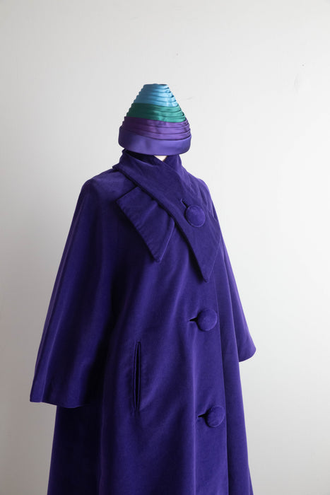 Fabulous Late 1950's Sugar Plum Purple Velvet Swing Coat and Gumdrop Hat  / Medium