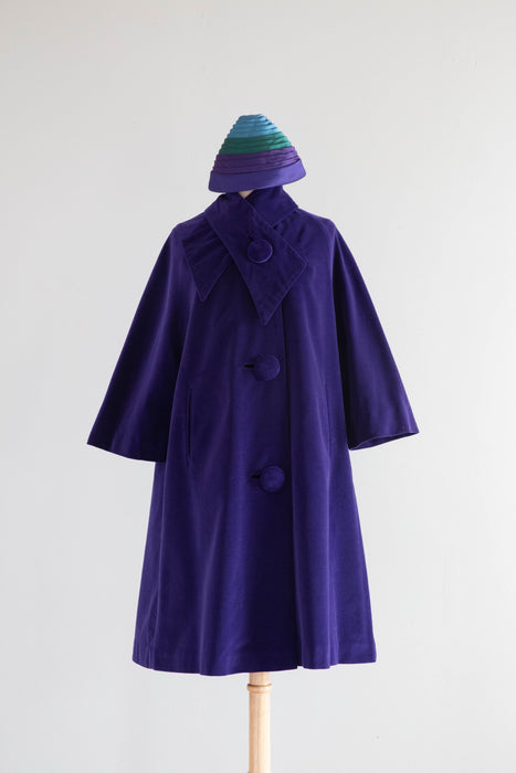 Fabulous Late 1950's Sugar Plum Purple Velvet Swing Coat and Gumdrop Hat  / Medium