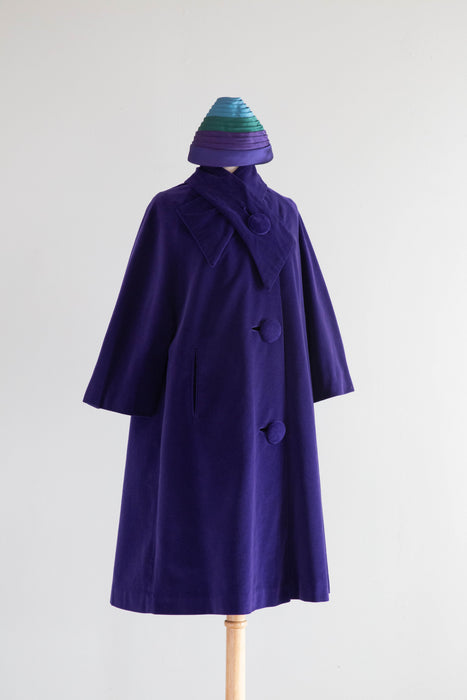 Fabulous Late 1950's Sugar Plum Purple Velvet Swing Coat and Gumdrop Hat  / Medium