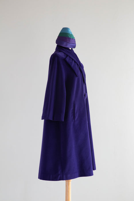 Fabulous Late 1950's Sugar Plum Purple Velvet Swing Coat and Gumdrop Hat  / Medium