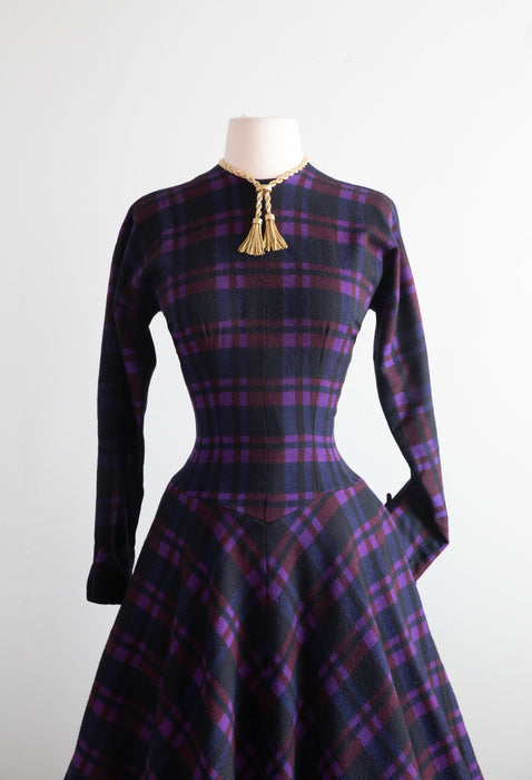 Early 1950's Jewel Tone Plaid Anne Fogarty New Look Wool Winter Dress /  Medium