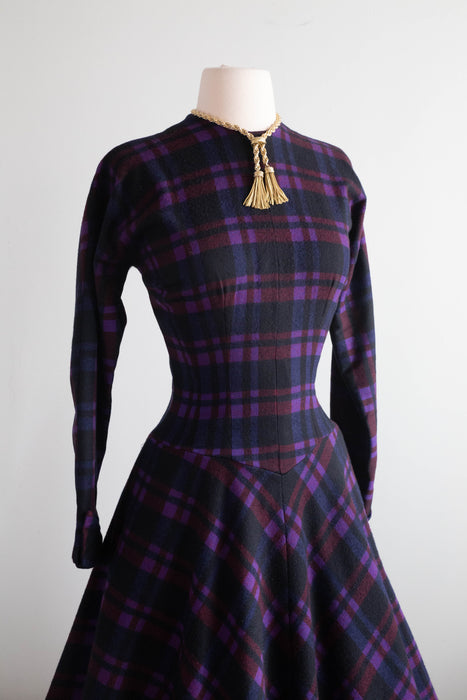 Early 1950's Jewel Tone Plaid Anne Fogarty New Look Wool Winter Dress /  Medium