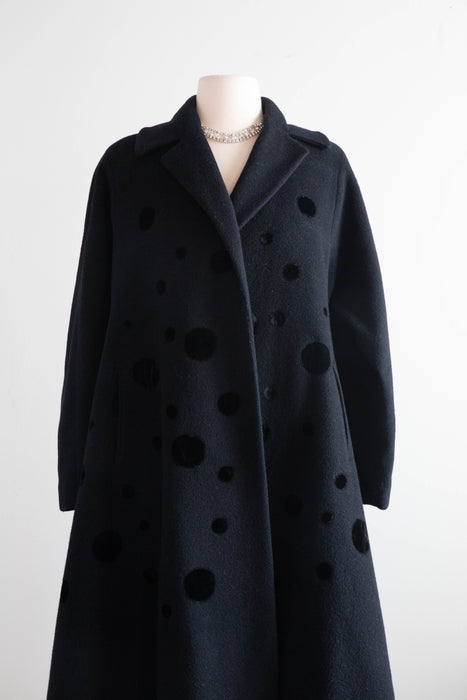 Wonderful 1950's Black Wool Swing Coat With Velvet Polka Dots By Dumas / Medium