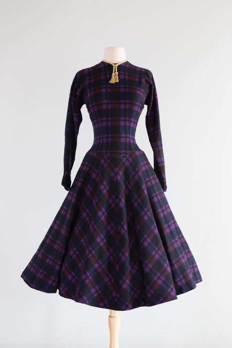 Early 1950's Jewel Tone Plaid Anne Fogarty New Look Wool Winter Dress /  Medium