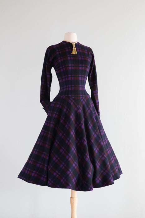 Early 1950's Jewel Tone Plaid Anne Fogarty New Look Wool Winter Dress /  Medium