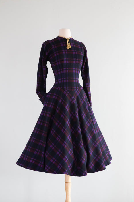 Early 1950's Jewel Tone Plaid Anne Fogarty New Look Wool Winter Dress /  Medium