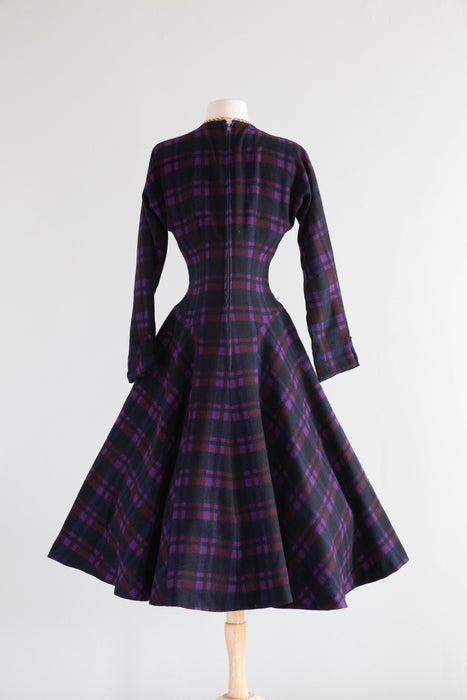 Early 1950's Jewel Tone Plaid Anne Fogarty New Look Wool Winter Dress /  Medium