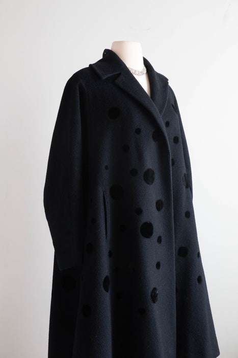 Wonderful 1950's Black Wool Swing Coat With Velvet Polka Dots By Dumas / Medium