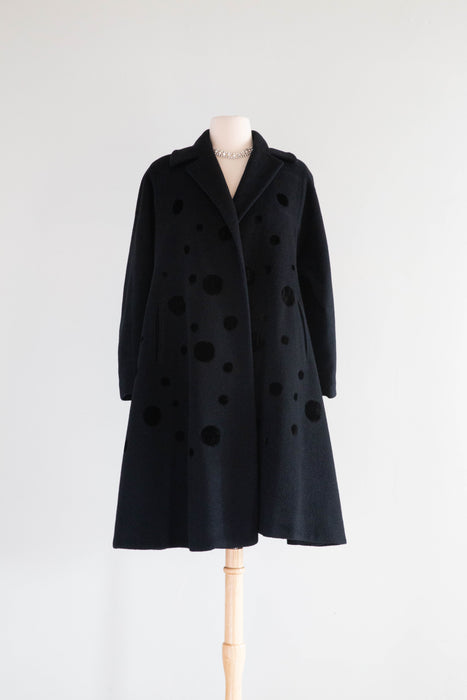 Wonderful 1950's Black Wool Swing Coat With Velvet Polka Dots By Dumas / Medium