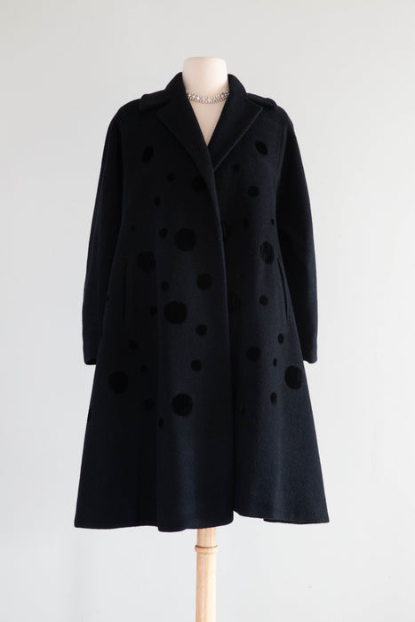 Wonderful 1950's Black Wool Swing Coat With Velvet Polka Dots By Dumas / Medium