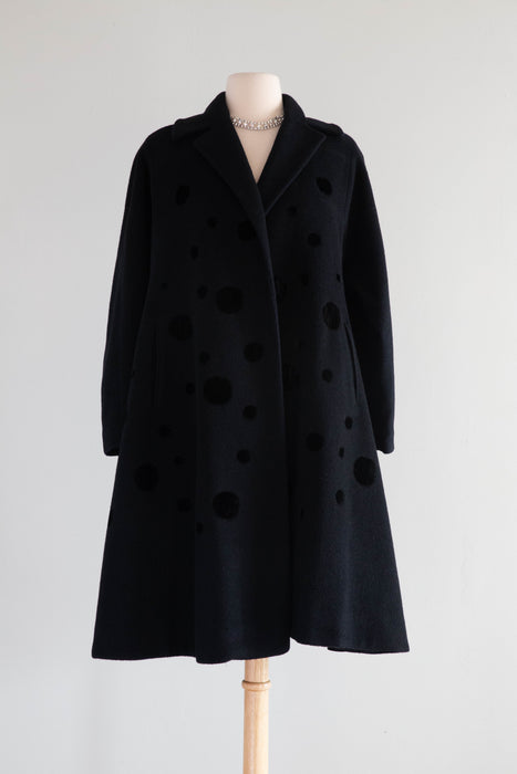 Wonderful 1950's Black Wool Swing Coat With Velvet Polka Dots By Dumas / Medium