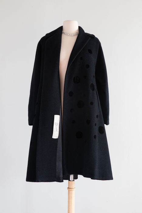 Wonderful 1950's Black Wool Swing Coat With Velvet Polka Dots By Dumas / Medium