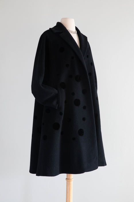 Wonderful 1950's Black Wool Swing Coat With Velvet Polka Dots By Dumas / Medium