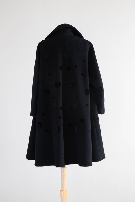 Wonderful 1950's Black Wool Swing Coat With Velvet Polka Dots By Dumas / Medium