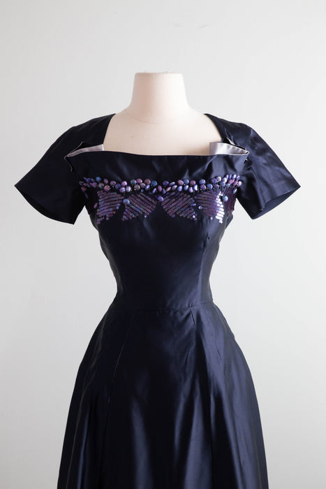 Extraordinary 1950's Midnight Silk Cocktail Dress By Milmont / Small