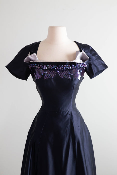 Extraordinary 1950's Midnight Silk Cocktail Dress By Milmont / Small