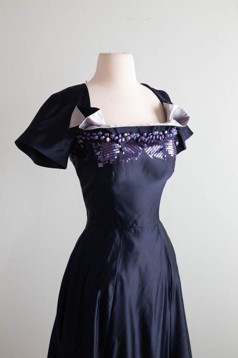 Extraordinary 1950's Midnight Silk Cocktail Dress By Milmont / Small