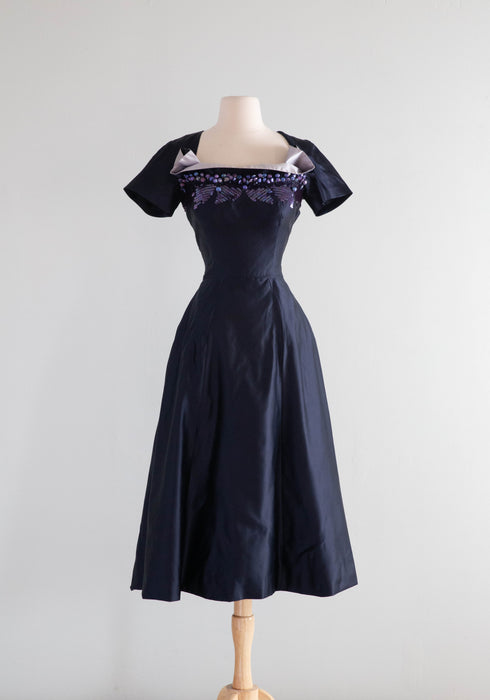 Extraordinary 1950's Midnight Silk Cocktail Dress By Milmont / Small