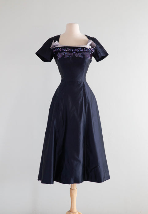 Extraordinary 1950's Midnight Silk Cocktail Dress By Milmont / Small