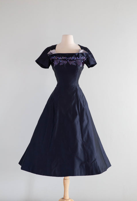 Extraordinary 1950's Midnight Silk Cocktail Dress By Milmont / Small