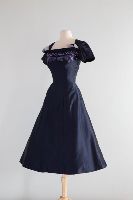 Extraordinary 1950's Midnight Silk Cocktail Dress By Milmont / Small