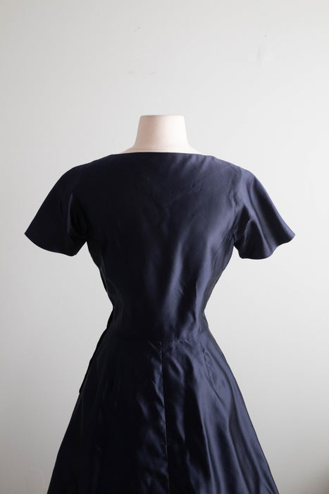 Extraordinary 1950's Midnight Silk Cocktail Dress By Milmont / Small