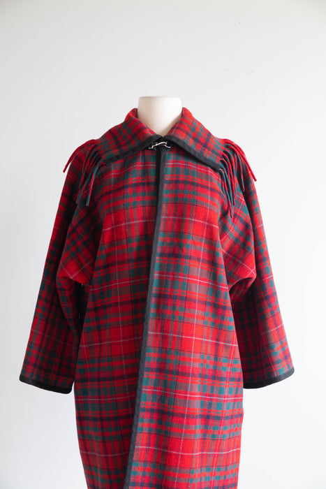 Vintage Pendleton Tartan Wool Blanket Coat With Fringe / M