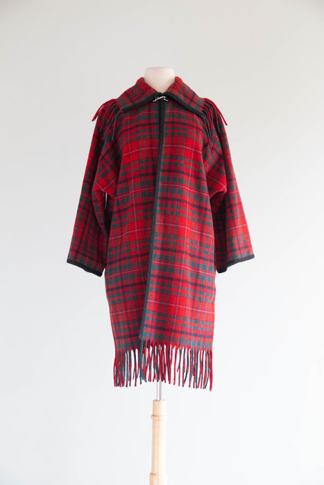Vintage Pendleton Tartan Wool Blanket Coat With Fringe / M