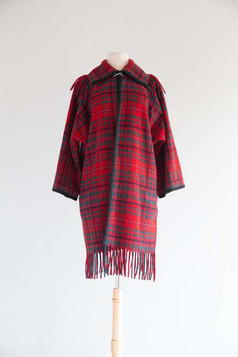 Vintage Pendleton Tartan Wool Blanket Coat With Fringe / M