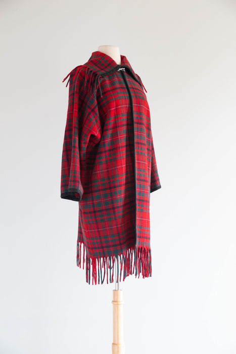 Vintage Pendleton Tartan Wool Blanket Coat With Fringe / M