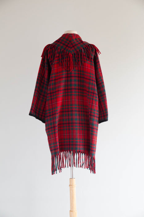 Vintage Pendleton Tartan Wool Blanket Coat With Fringe / M