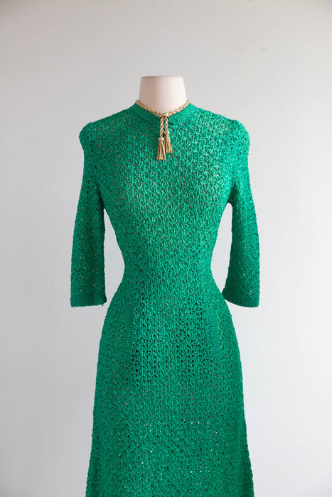 Beautiful 1960's I.Magnin Jade Green Crochet Dress With Pockets / M
