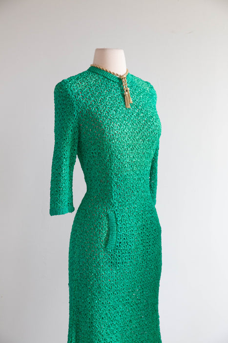Beautiful 1960's I.Magnin Jade Green Crochet Dress With Pockets / M