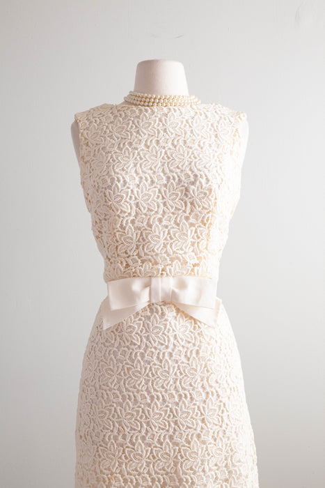 1960's Winter White Lattice Lace Cocktail Dress With Bow / SM