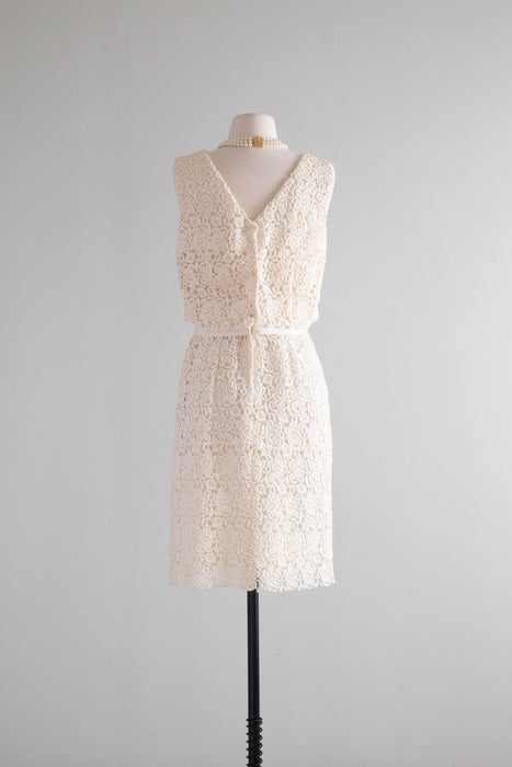 1960's Winter White Lattice Lace Cocktail Dress With Bow / SM