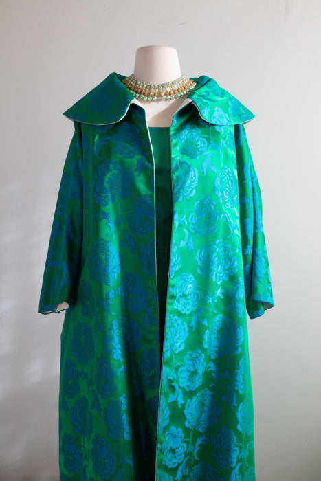 Spectacular 1950's Reversible Emerald Green Chrysanthemum Brocade Evening Coat / Medium