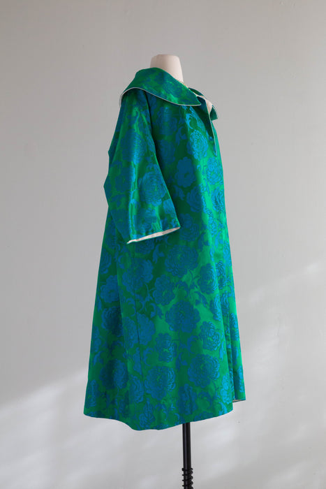 Spectacular 1950's Reversible Emerald Green Chrysanthemum Brocade Evening Coat / Medium