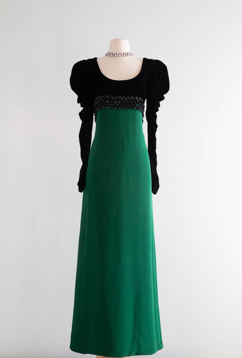 Elegant 1980's Oscar de la Renta Emerald Green & Velvet Regency Evening Gown / Small